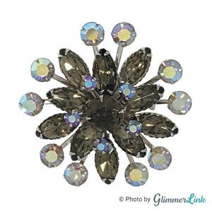 Vintage Aurora Borealis AB & Smoky Gray Rhinestones Layered Silver Tone Brooch
